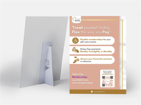 Salon Pay Strut card on a salon counter, inviting clients to ask about VIP memberships.